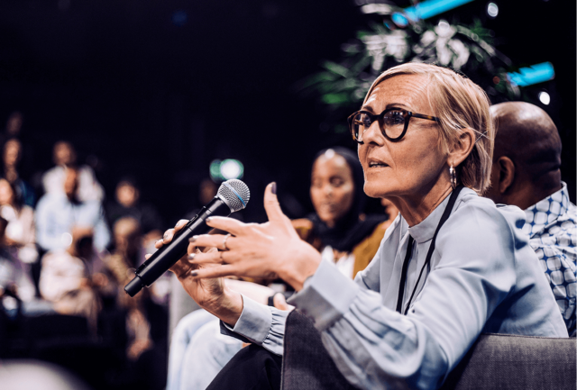 A woman giving a press conference
